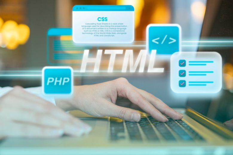 Young woman learning web development course on laptop with programming icons for HTML, CSS, PHP, JavaScript in a classroom setting